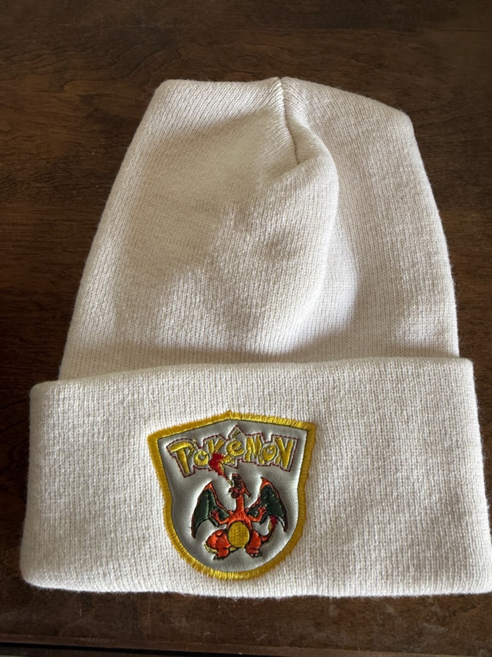 Pokemon White Beanie with Charizard Patch